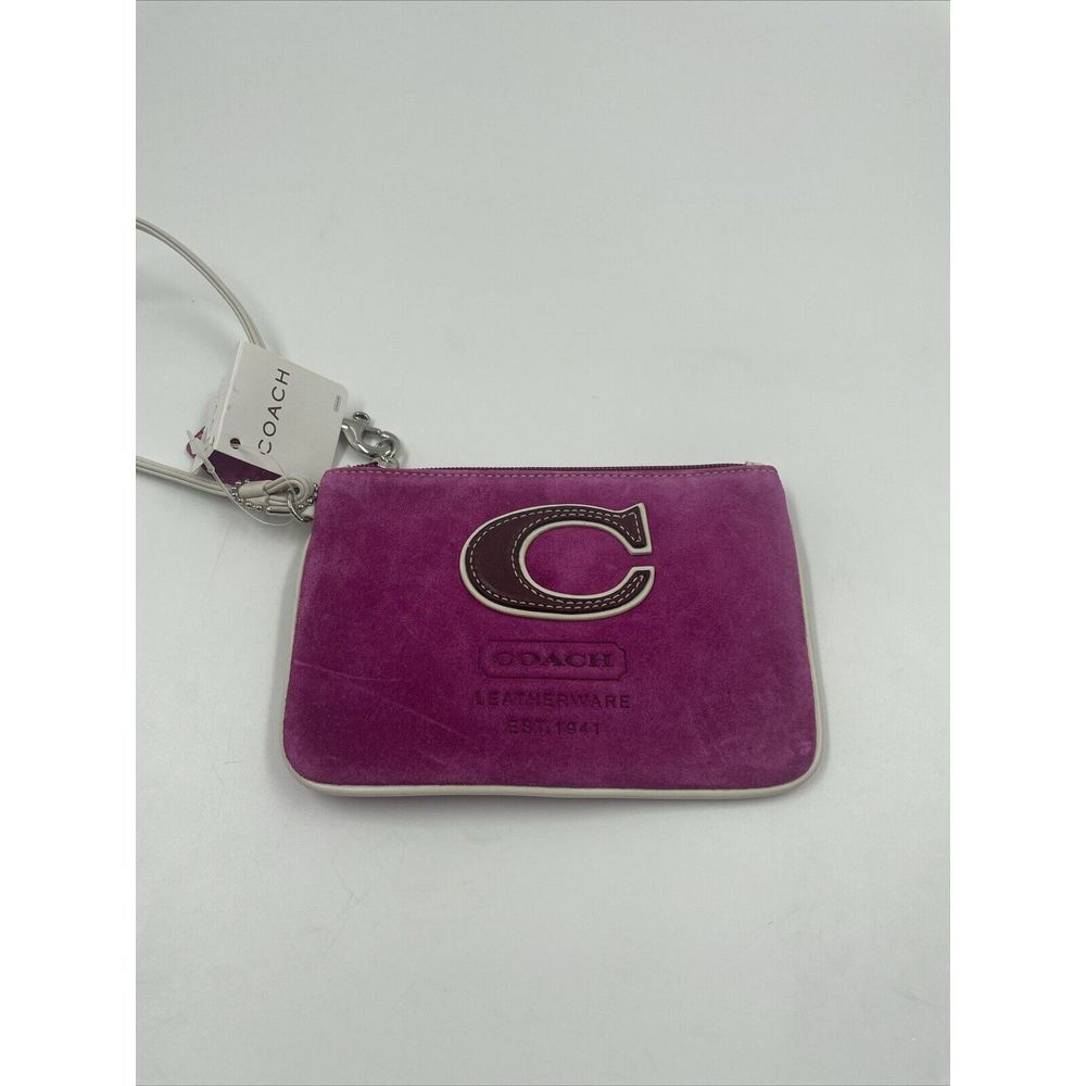 Coach Pink Suede Wristlet Zip Pouch C Fuchsia Small NWT White Trim Vintage